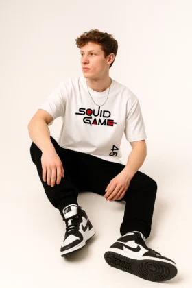 Men's White Squid Game Graphic Printed Oversized T-shirt